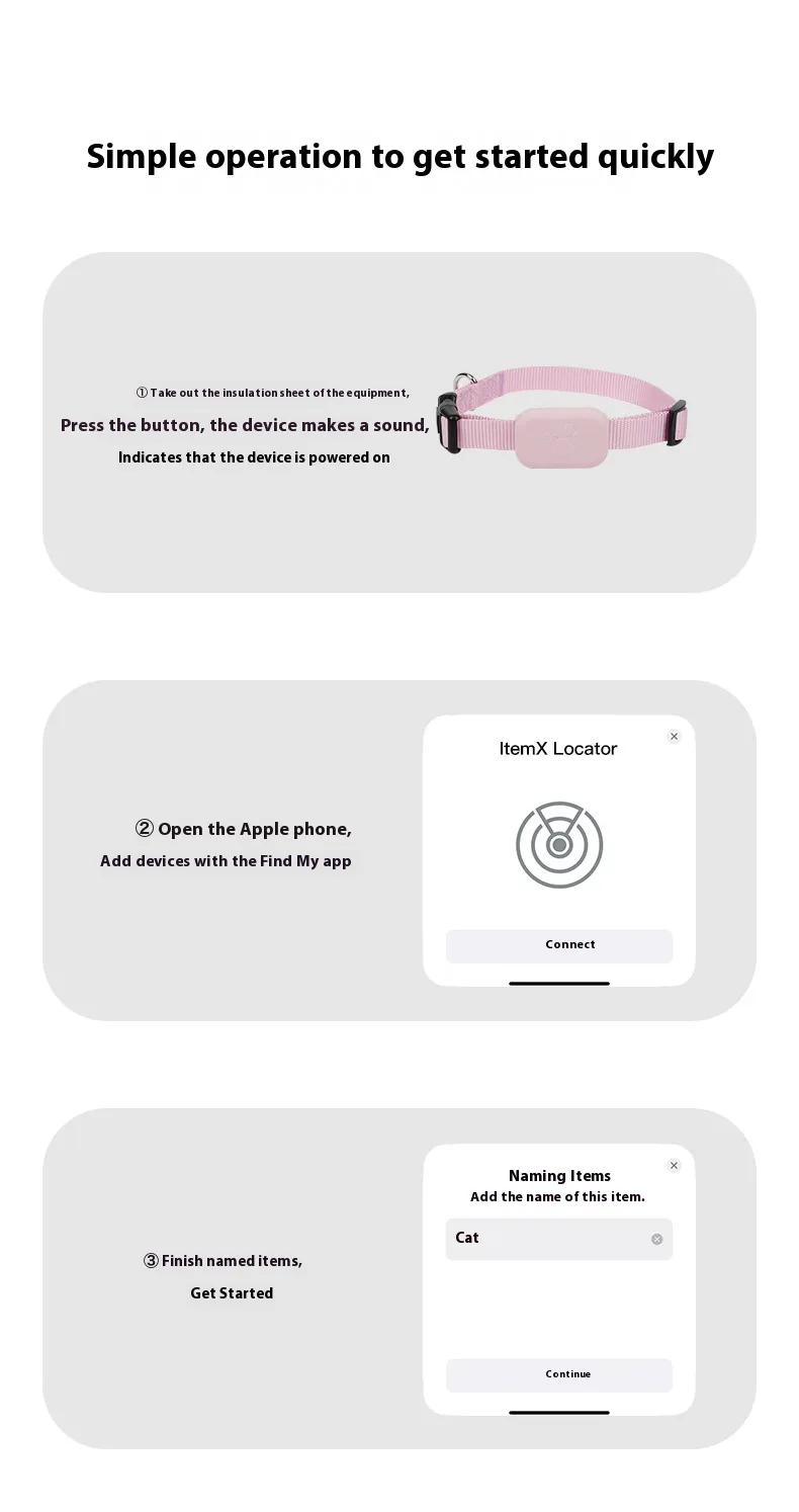 Three-step setup: power on, pair with Find My, name your pet